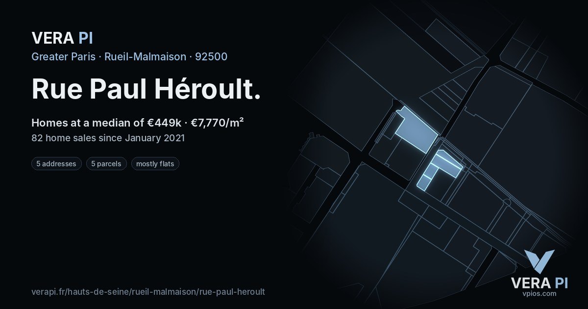 Rue Paul Héroult, Rueil-Malmaison at night – every parcel coloured by the prices around it, the street's own parcels lit