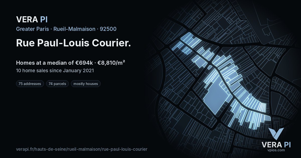 Rue Paul-Louis Courier, Rueil-Malmaison at night – every parcel coloured by the prices around it, the street's own parcels lit