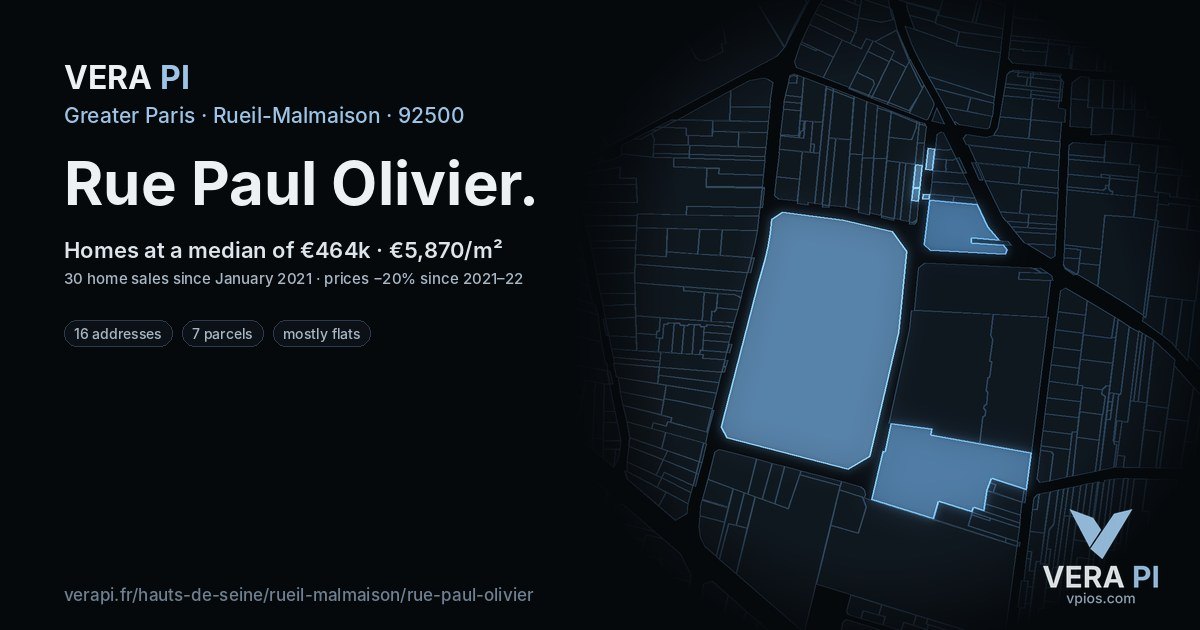 Rue Paul Olivier, Rueil-Malmaison at night – every parcel coloured by the prices around it, the street's own parcels lit