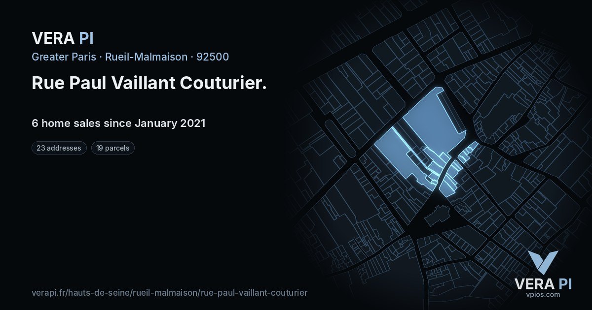 Rue Paul Vaillant Couturier, Rueil-Malmaison at night – every parcel coloured by the prices around it, the street's own parcels lit