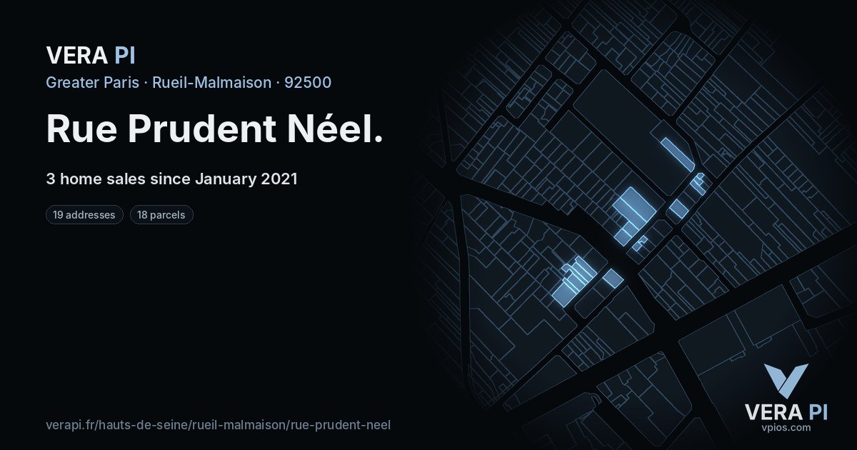 Rue Prudent Néel, Rueil-Malmaison at night – every parcel coloured by the prices around it, the street's own parcels lit