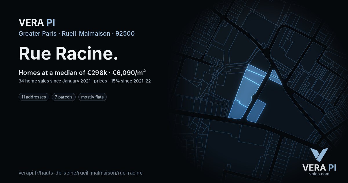 Rue Racine, Rueil-Malmaison at night – every parcel coloured by the prices around it, the street's own parcels lit