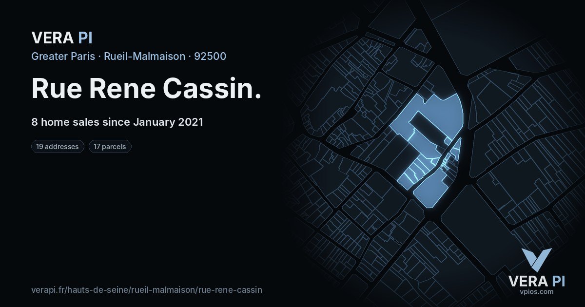 Rue Rene Cassin, Rueil-Malmaison at night – every parcel coloured by the prices around it, the street's own parcels lit