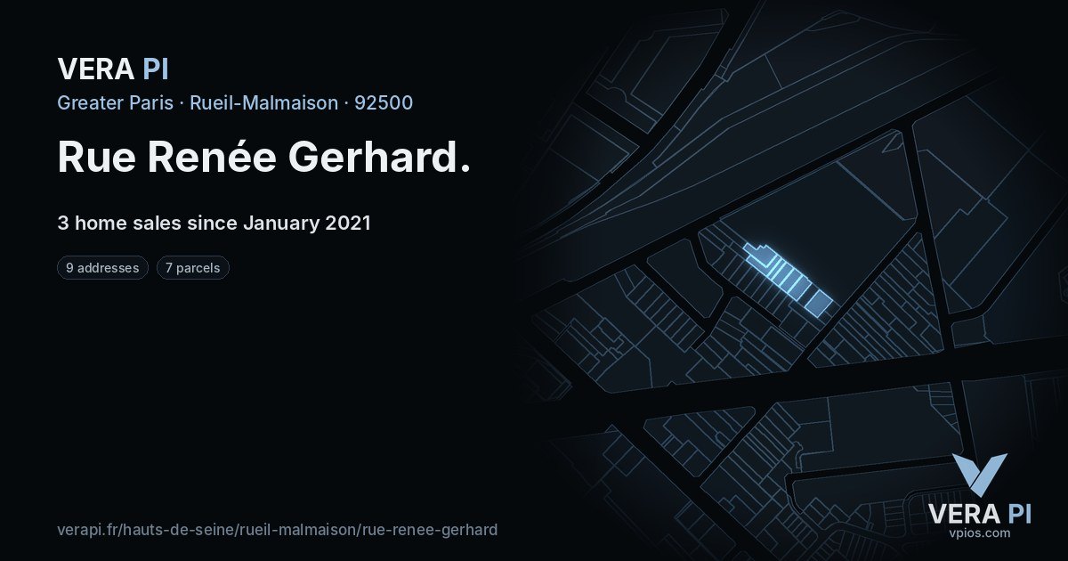 Rue Renée Gerhard, Rueil-Malmaison at night – every parcel coloured by the prices around it, the street's own parcels lit