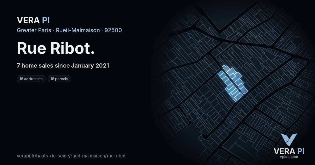 Rue Ribot, Rueil-Malmaison at night – every parcel coloured by the prices around it, the street's own parcels lit