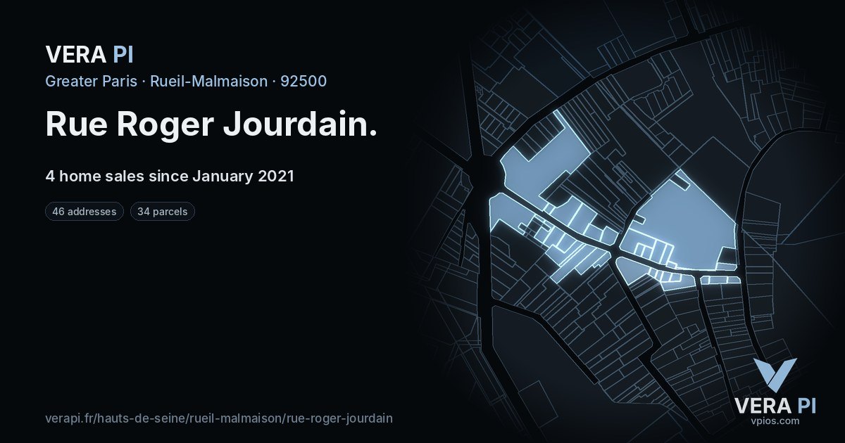 Rue Roger Jourdain, Rueil-Malmaison at night – every parcel coloured by the prices around it, the street's own parcels lit