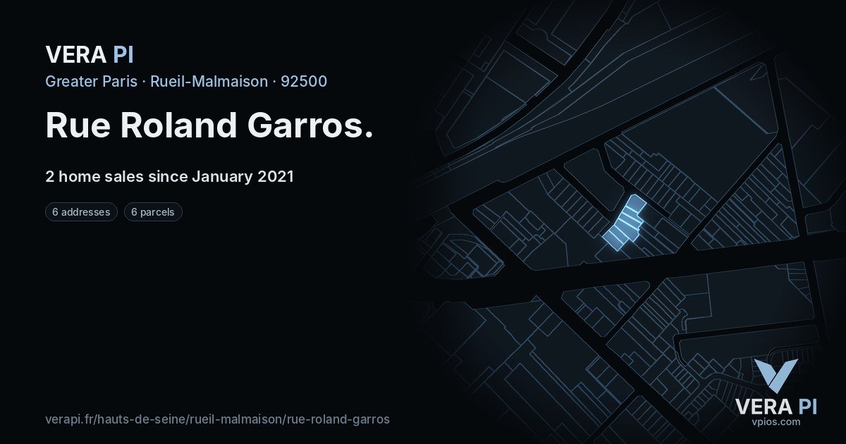 Rue Roland Garros, Rueil-Malmaison at night – every parcel coloured by the prices around it, the street's own parcels lit
