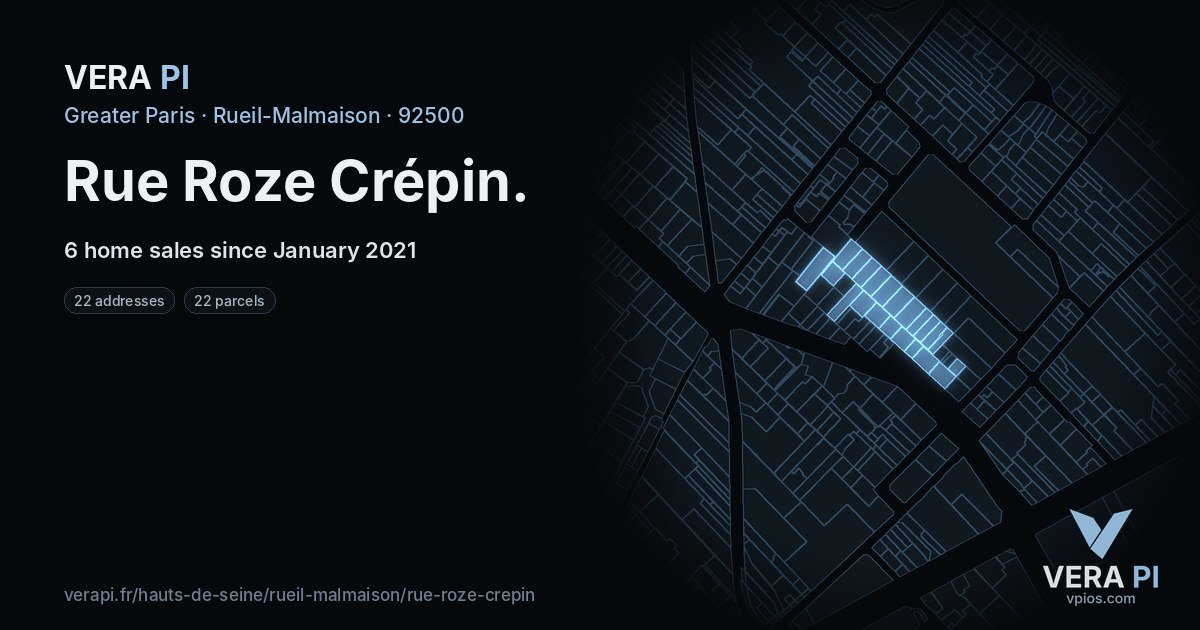Rue Roze Crépin, Rueil-Malmaison at night – every parcel coloured by the prices around it, the street's own parcels lit