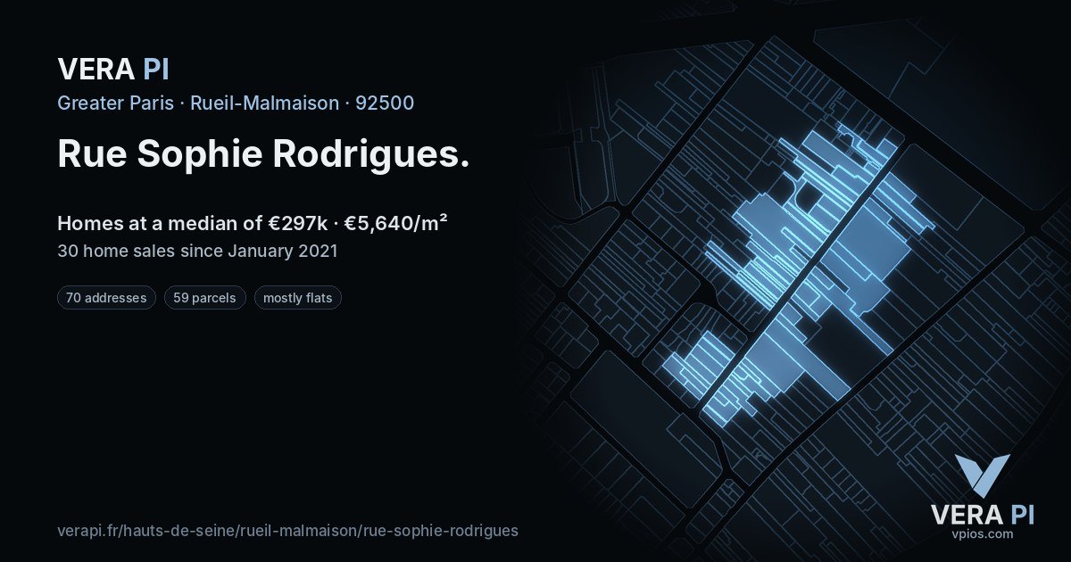 Rue Sophie Rodrigues, Rueil-Malmaison at night – every parcel coloured by the prices around it, the street's own parcels lit