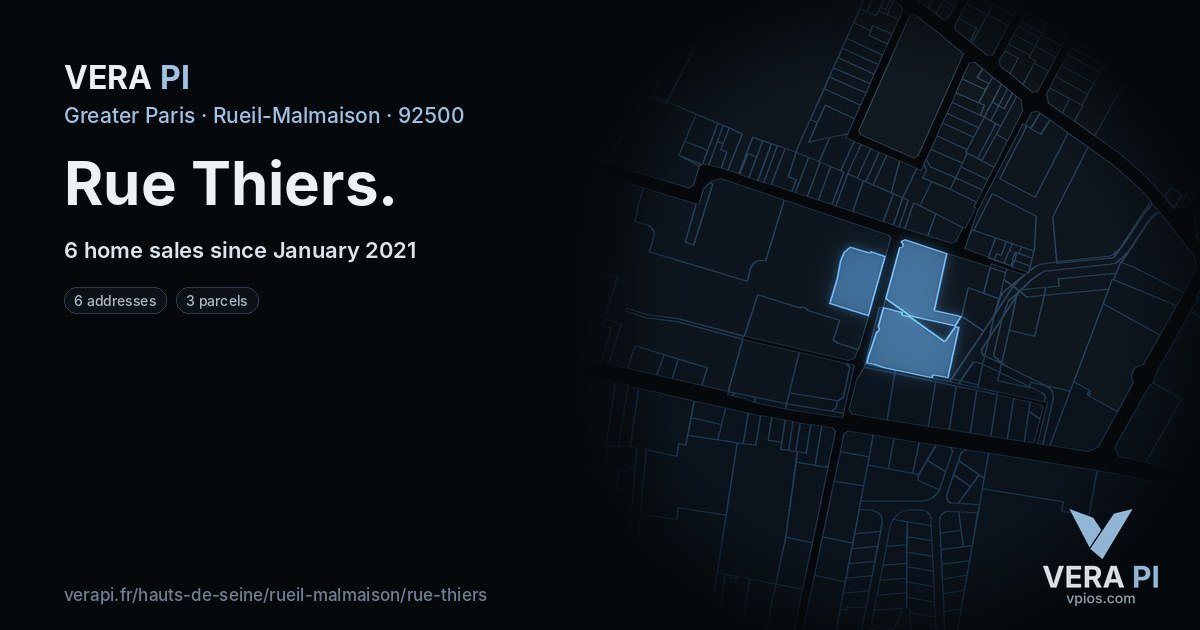 Rue Thiers, Rueil-Malmaison at night – every parcel coloured by the prices around it, the street's own parcels lit