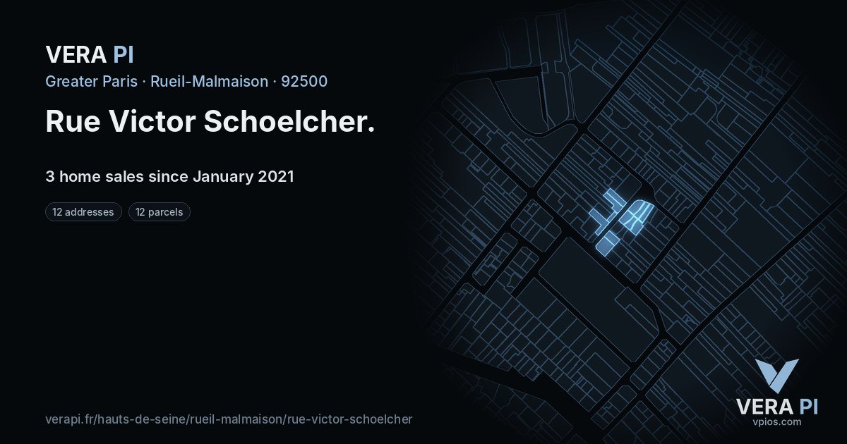 Rue Victor Schoelcher, Rueil-Malmaison at night – every parcel coloured by the prices around it, the street's own parcels lit