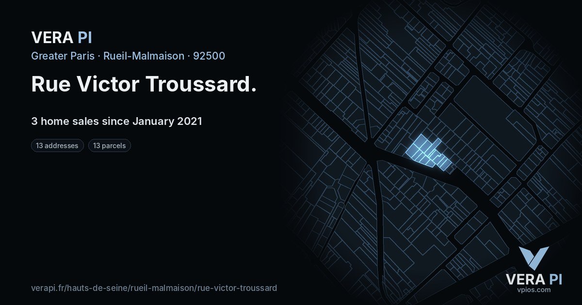 Rue Victor Troussard, Rueil-Malmaison at night – every parcel coloured by the prices around it, the street's own parcels lit