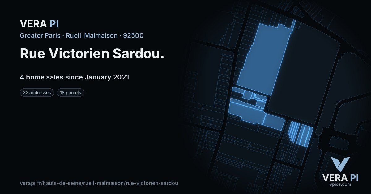 Rue Victorien Sardou, Rueil-Malmaison at night – every parcel coloured by the prices around it, the street's own parcels lit