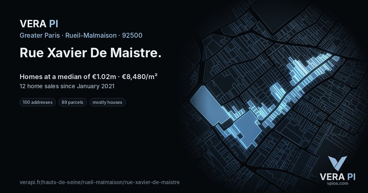 Rue Xavier De Maistre, Rueil-Malmaison at night – every parcel coloured by the prices around it, the street's own parcels lit