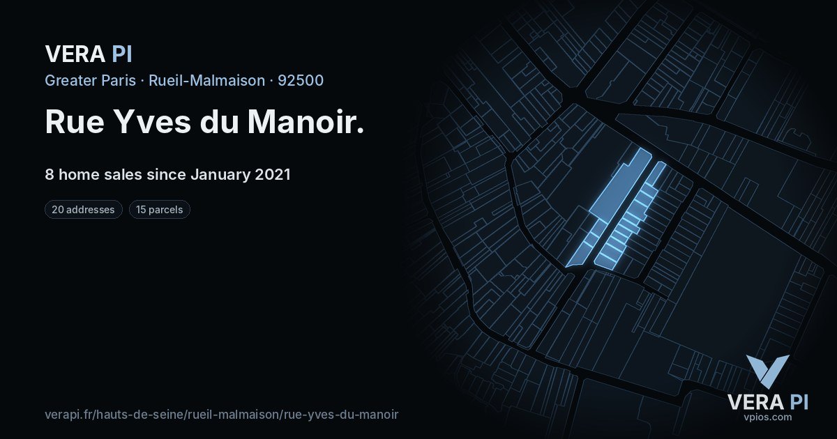 Rue Yves du Manoir, Rueil-Malmaison at night – every parcel coloured by the prices around it, the street's own parcels lit