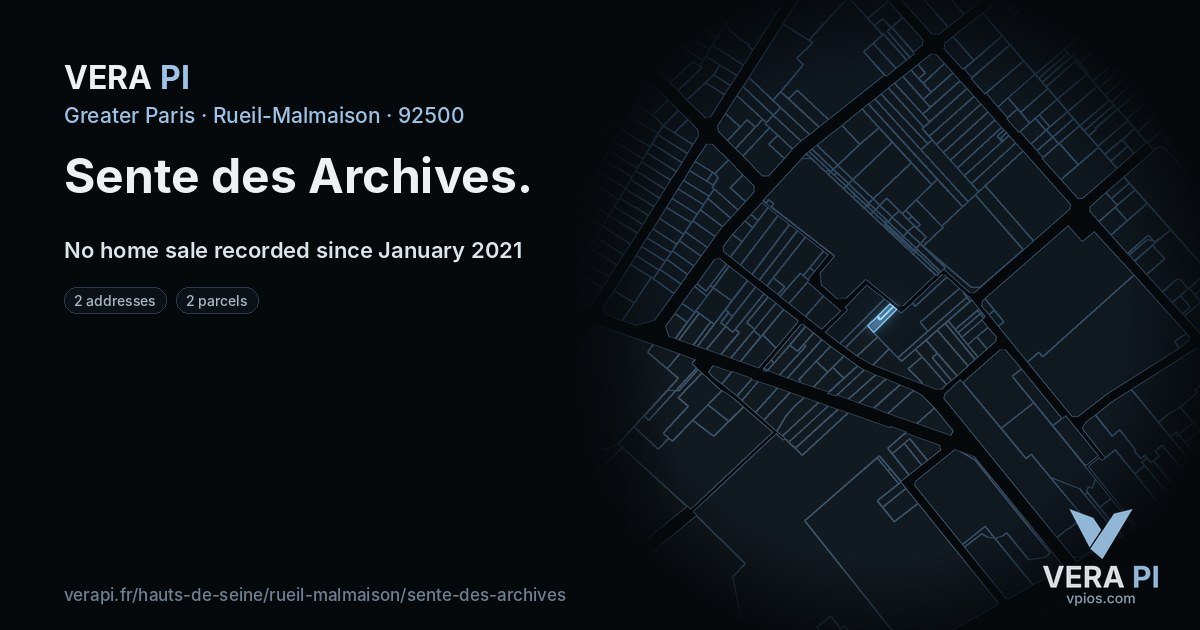 Sente des Archives, Rueil-Malmaison at night – every parcel coloured by the prices around it, the street's own parcels lit