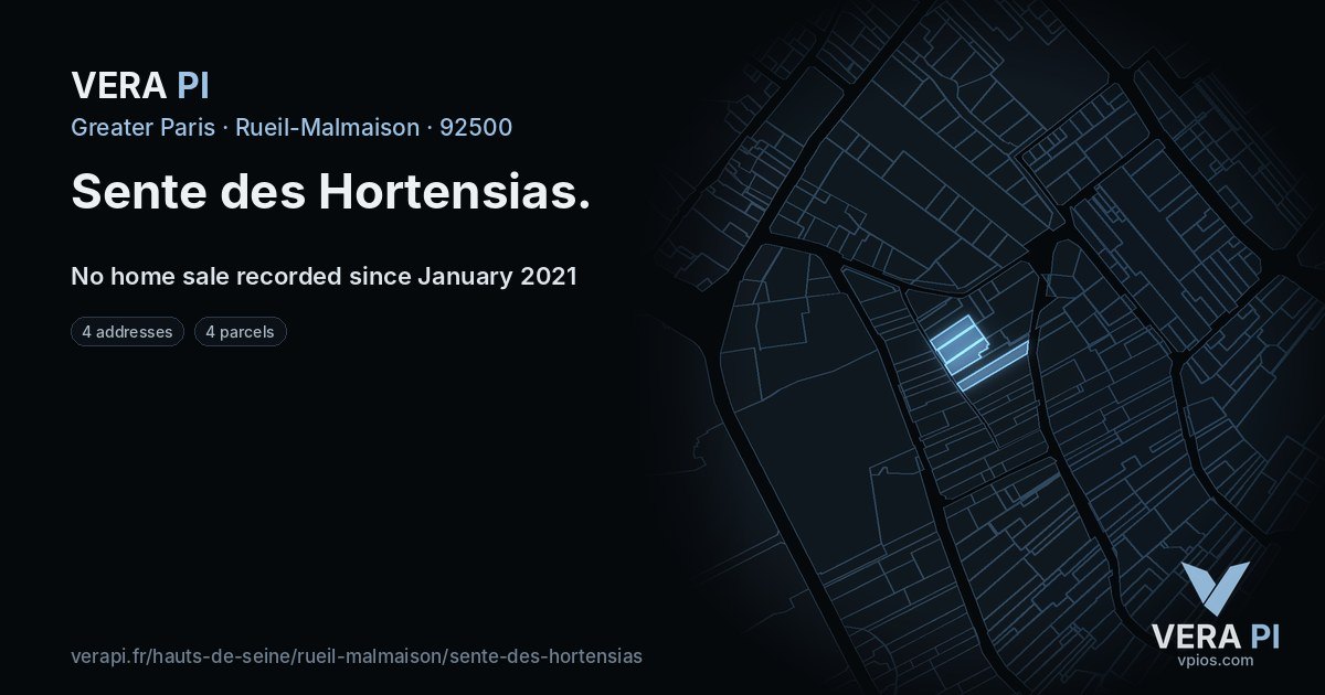 Sente des Hortensias, Rueil-Malmaison at night – every parcel coloured by the prices around it, the street's own parcels lit