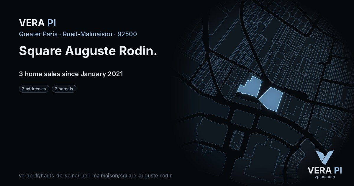 Square Auguste Rodin, Rueil-Malmaison at night – every parcel coloured by the prices around it, the street's own parcels lit
