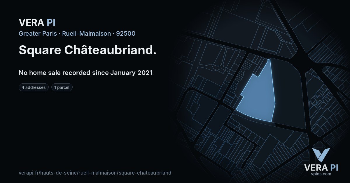 Square Châteaubriand, Rueil-Malmaison at night – every parcel coloured by the prices around it, the street's own parcels lit