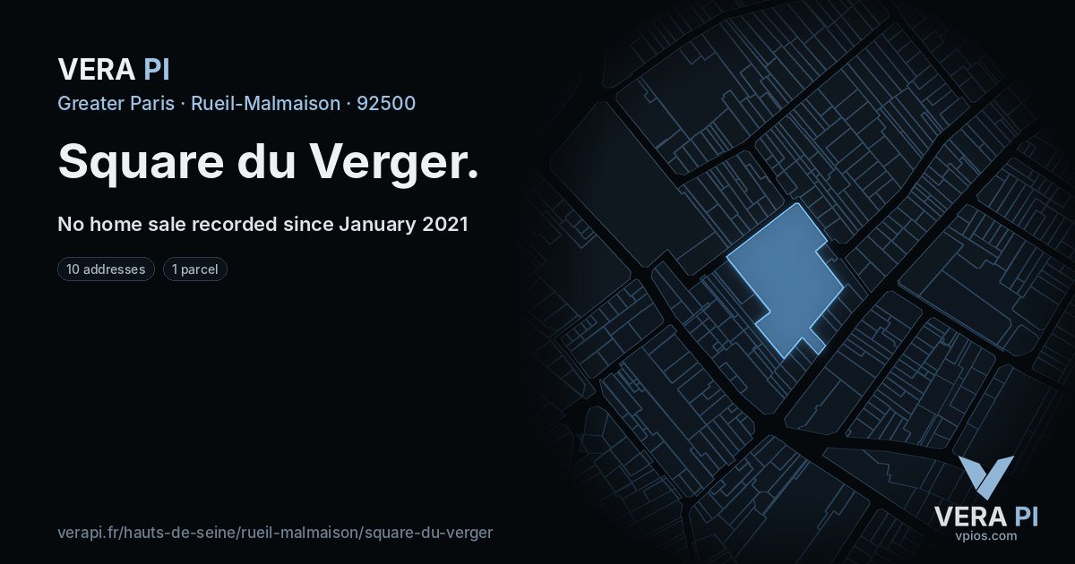 Square du Verger, Rueil-Malmaison at night – every parcel coloured by the prices around it, the street's own parcels lit
