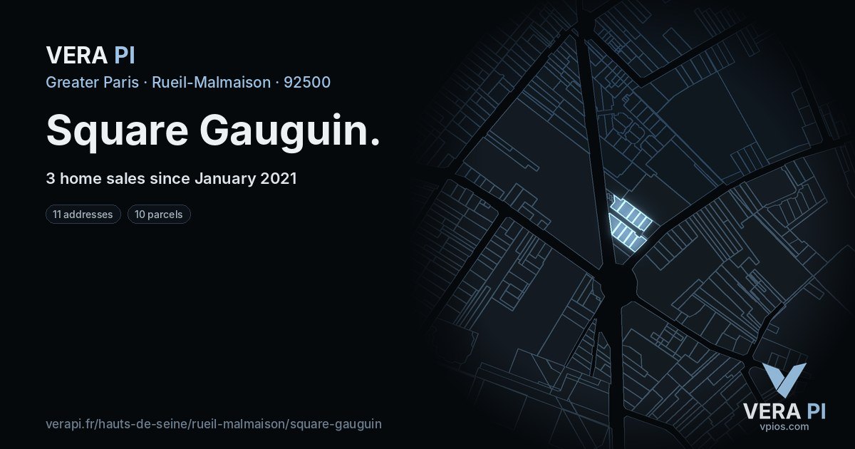 Square Gauguin, Rueil-Malmaison at night – every parcel coloured by the prices around it, the street's own parcels lit