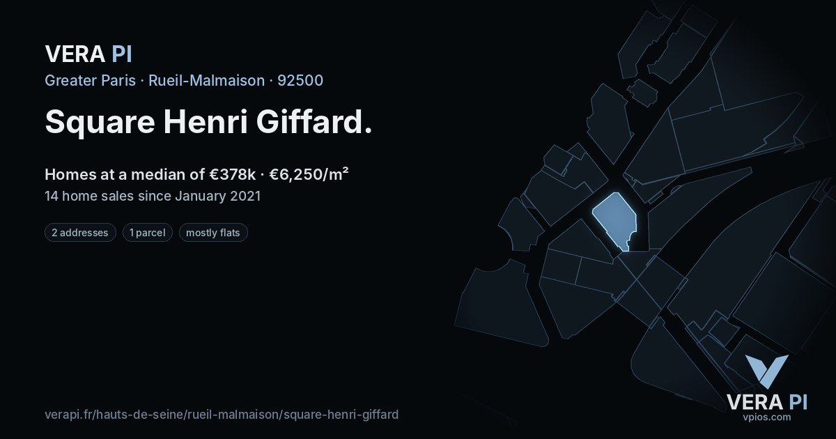 Square Henri Giffard, Rueil-Malmaison at night – every parcel coloured by the prices around it, the street's own parcels lit