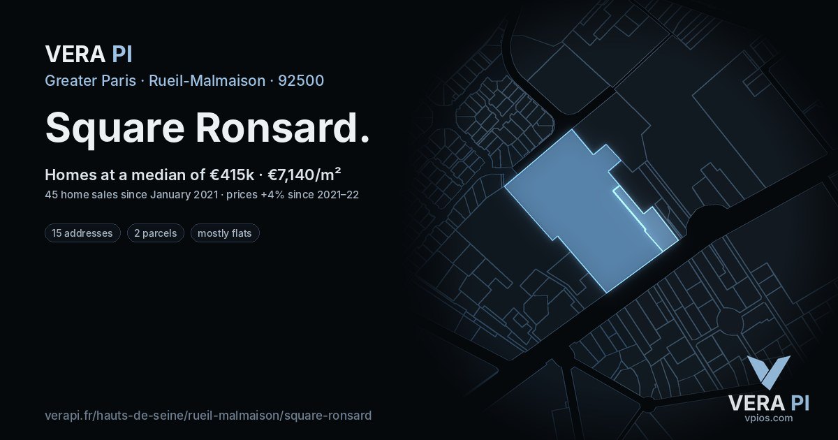 Square Ronsard, Rueil-Malmaison at night – every parcel coloured by the prices around it, the street's own parcels lit