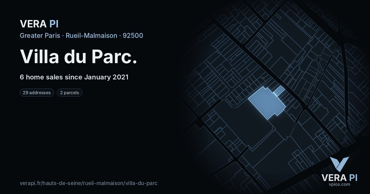 Villa du Parc, Rueil-Malmaison at night – every parcel coloured by the prices around it, the street's own parcels lit