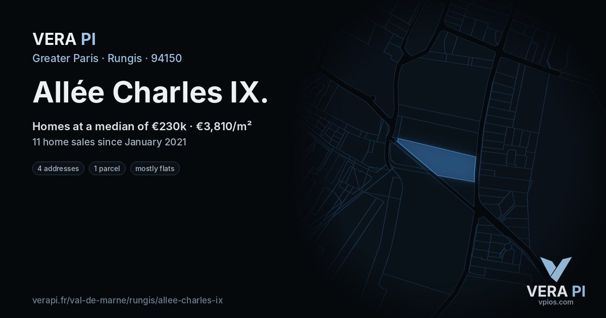 Allée Charles IX, Rungis at night – every parcel coloured by the prices around it, the street's own parcels lit