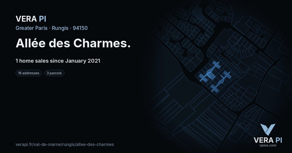Allée des Charmes, Rungis at night – every parcel coloured by the prices around it, the street's own parcels lit
