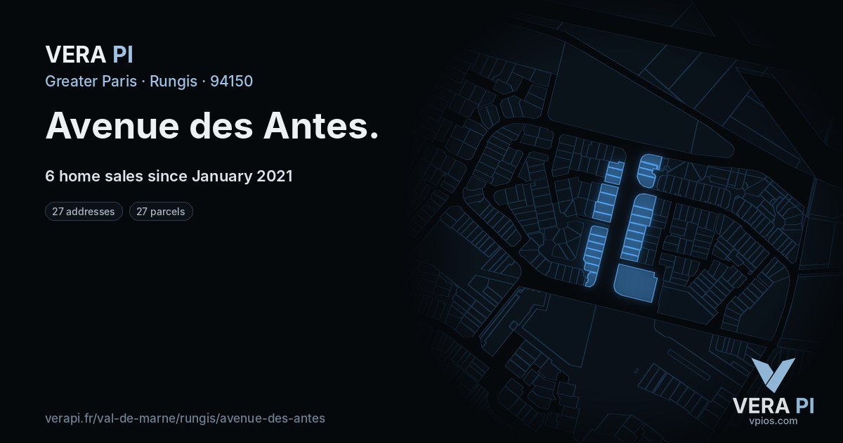 Avenue des Antes, Rungis at night – every parcel coloured by the prices around it, the street's own parcels lit