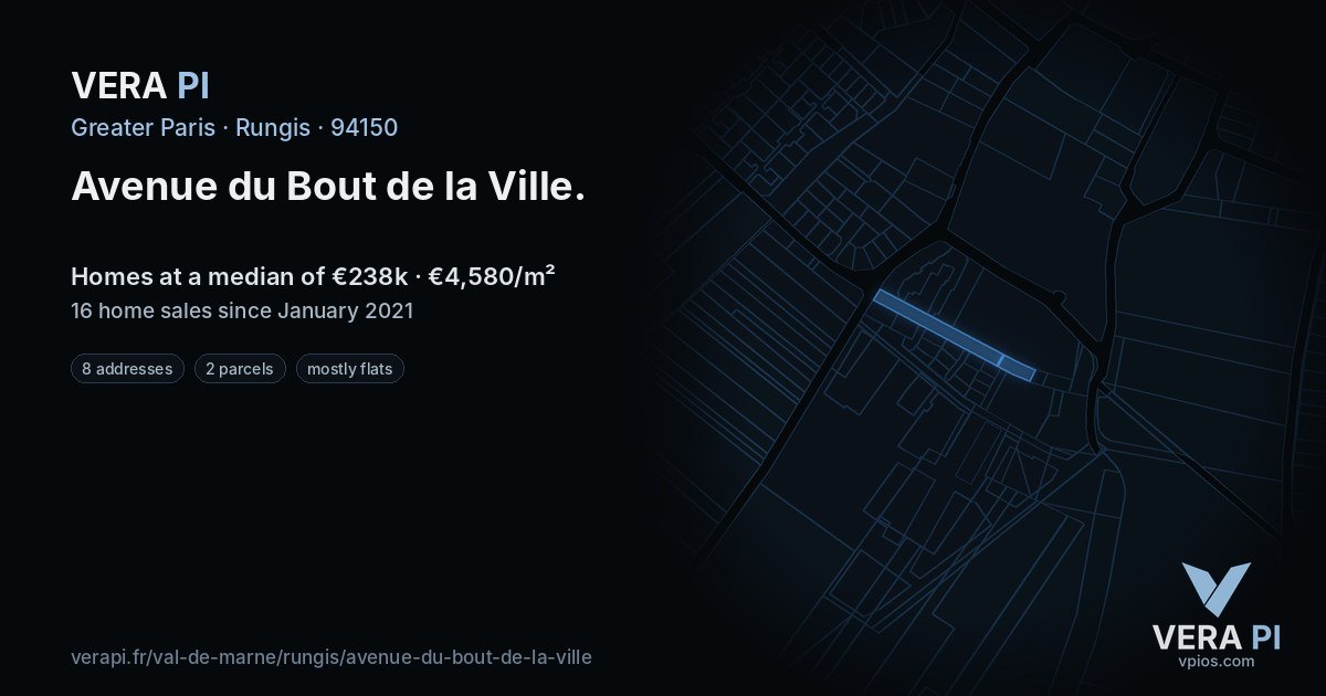 Avenue du Bout de la Ville, Rungis at night – every parcel coloured by the prices around it, the street's own parcels lit
