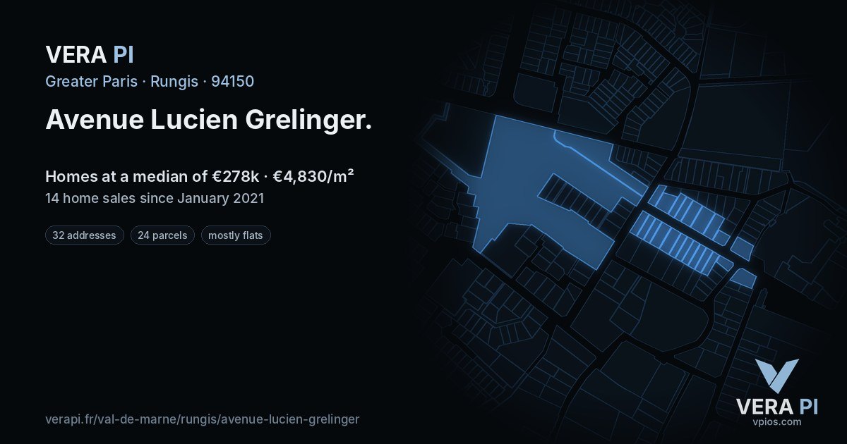 Avenue Lucien Grelinger, Rungis at night – every parcel coloured by the prices around it, the street's own parcels lit