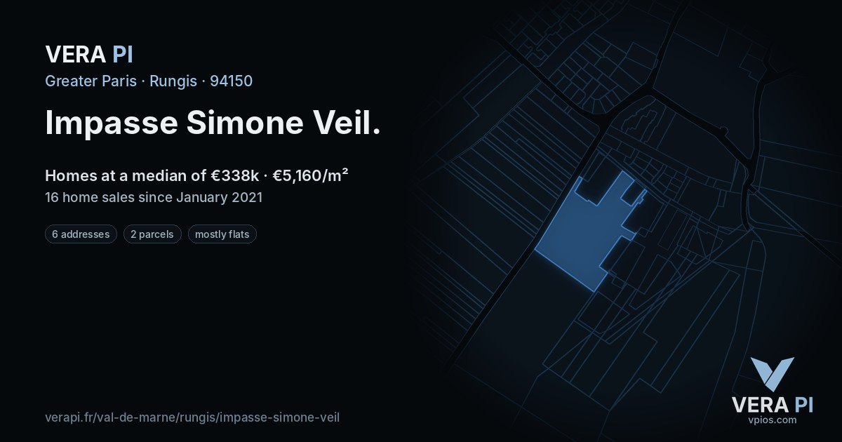Impasse Simone Veil, Rungis at night – every parcel coloured by the prices around it, the street's own parcels lit