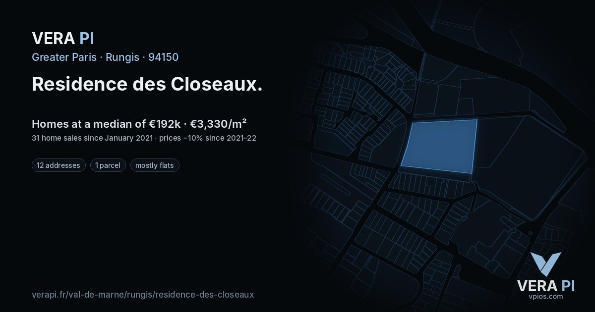 Residence des Closeaux, Rungis at night – every parcel coloured by the prices around it, the street's own parcels lit