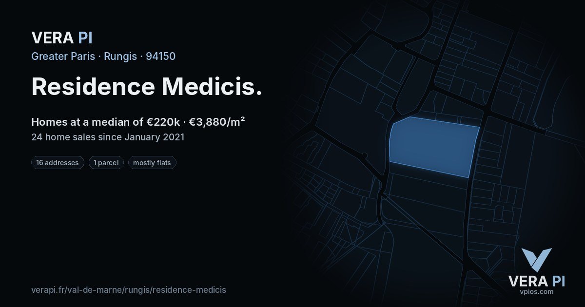 Residence Medicis, Rungis at night – every parcel coloured by the prices around it, the street's own parcels lit