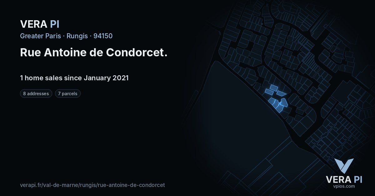 Rue Antoine de Condorcet, Rungis at night – every parcel coloured by the prices around it, the street's own parcels lit