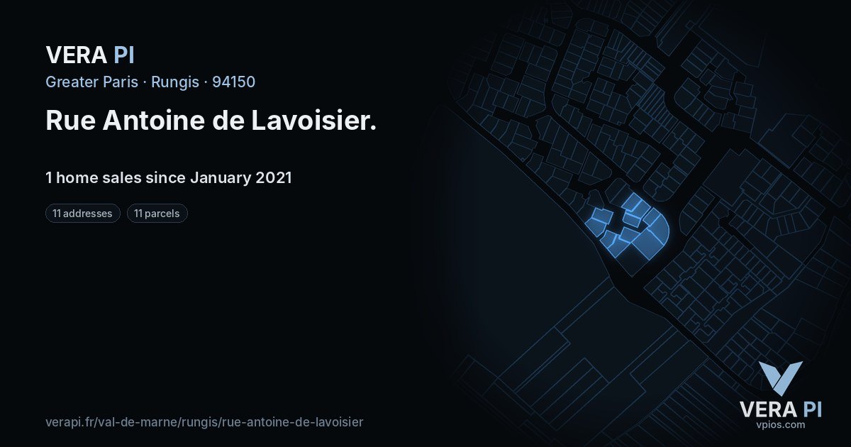 Rue Antoine de Lavoisier, Rungis at night – every parcel coloured by the prices around it, the street's own parcels lit