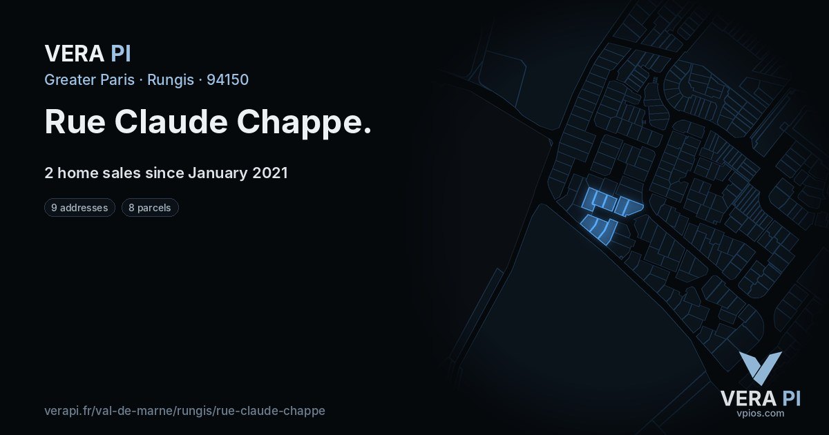 Rue Claude Chappe, Rungis at night – every parcel coloured by the prices around it, the street's own parcels lit