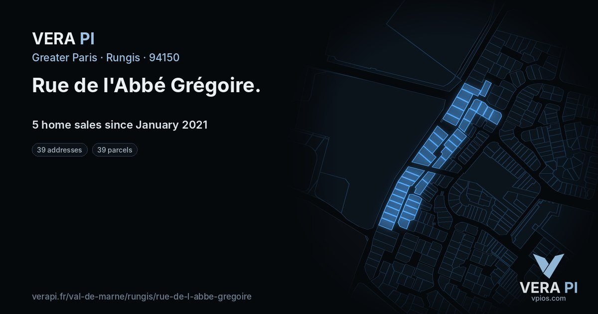 Rue de l'Abbé Grégoire, Rungis at night – every parcel coloured by the prices around it, the street's own parcels lit