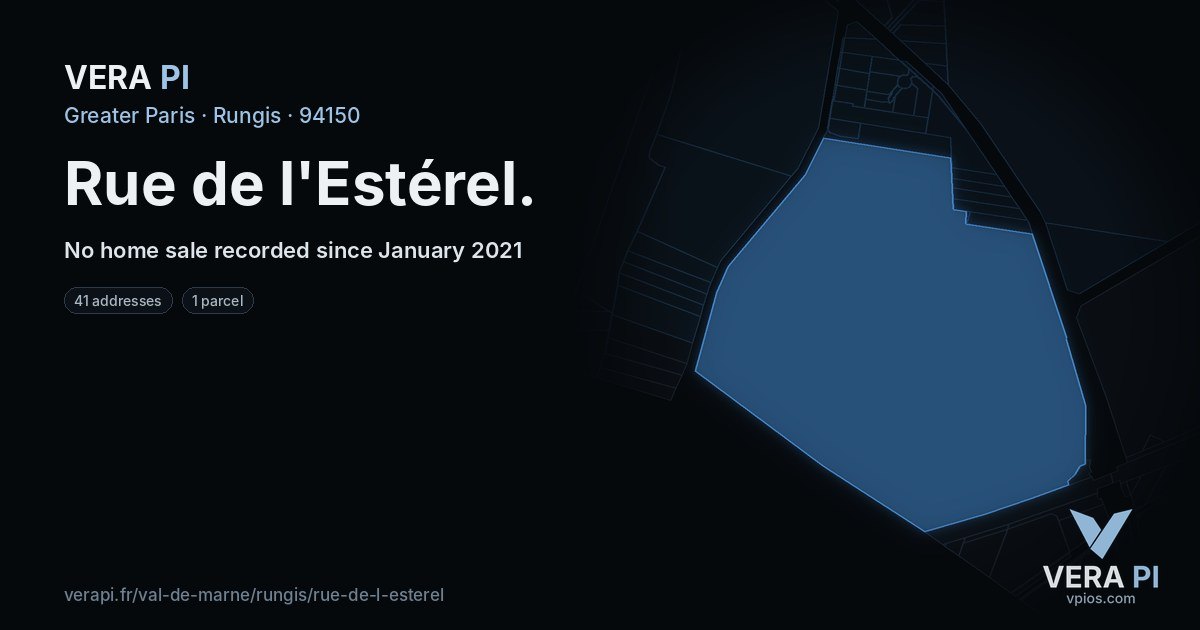 Rue de l'Estérel, Rungis at night – every parcel coloured by the prices around it, the street's own parcels lit