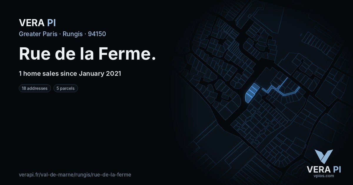 Rue de la Ferme, Rungis at night – every parcel coloured by the prices around it, the street's own parcels lit