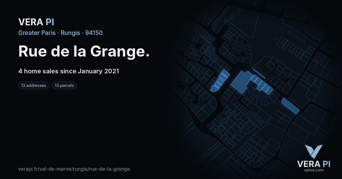 Rue de la Grange, Rungis at night – every parcel coloured by the prices around it, the street's own parcels lit