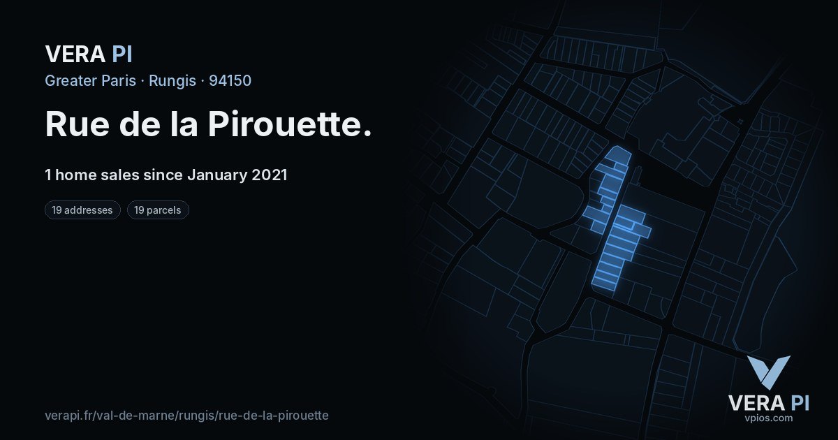 Rue de la Pirouette, Rungis at night – every parcel coloured by the prices around it, the street's own parcels lit
