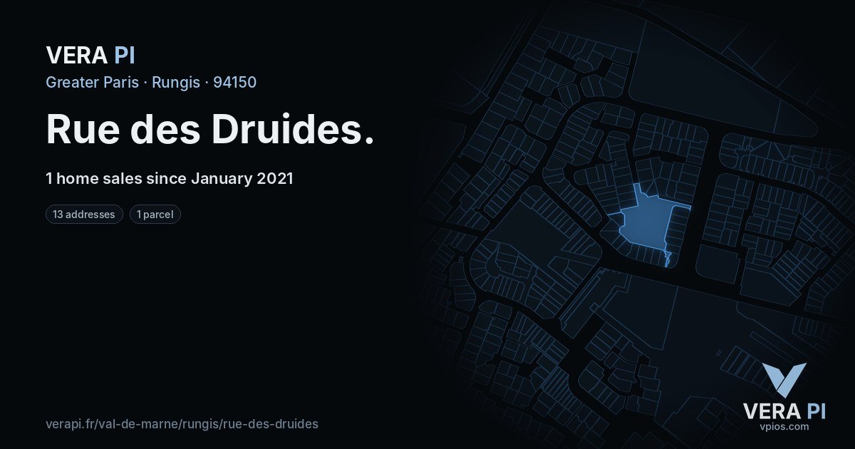 Rue des Druides, Rungis at night – every parcel coloured by the prices around it, the street's own parcels lit