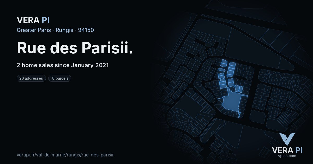 Rue des Parisii, Rungis at night – every parcel coloured by the prices around it, the street's own parcels lit