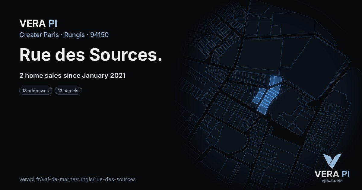 Rue des Sources, Rungis at night – every parcel coloured by the prices around it, the street's own parcels lit