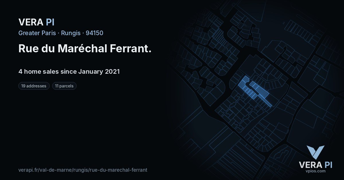 Rue du Maréchal Ferrant, Rungis at night – every parcel coloured by the prices around it, the street's own parcels lit