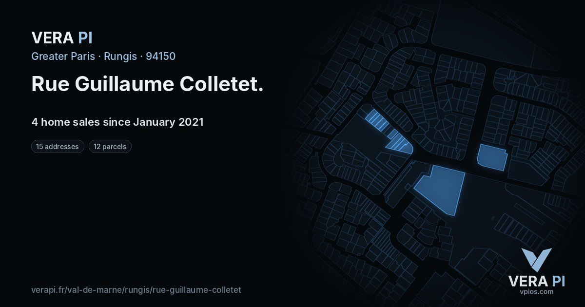 Rue Guillaume Colletet, Rungis at night – every parcel coloured by the prices around it, the street's own parcels lit
