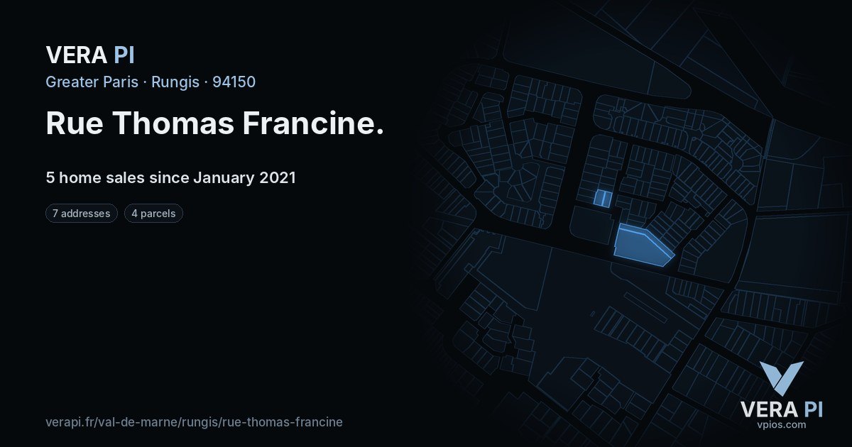 Rue Thomas Francine, Rungis at night – every parcel coloured by the prices around it, the street's own parcels lit